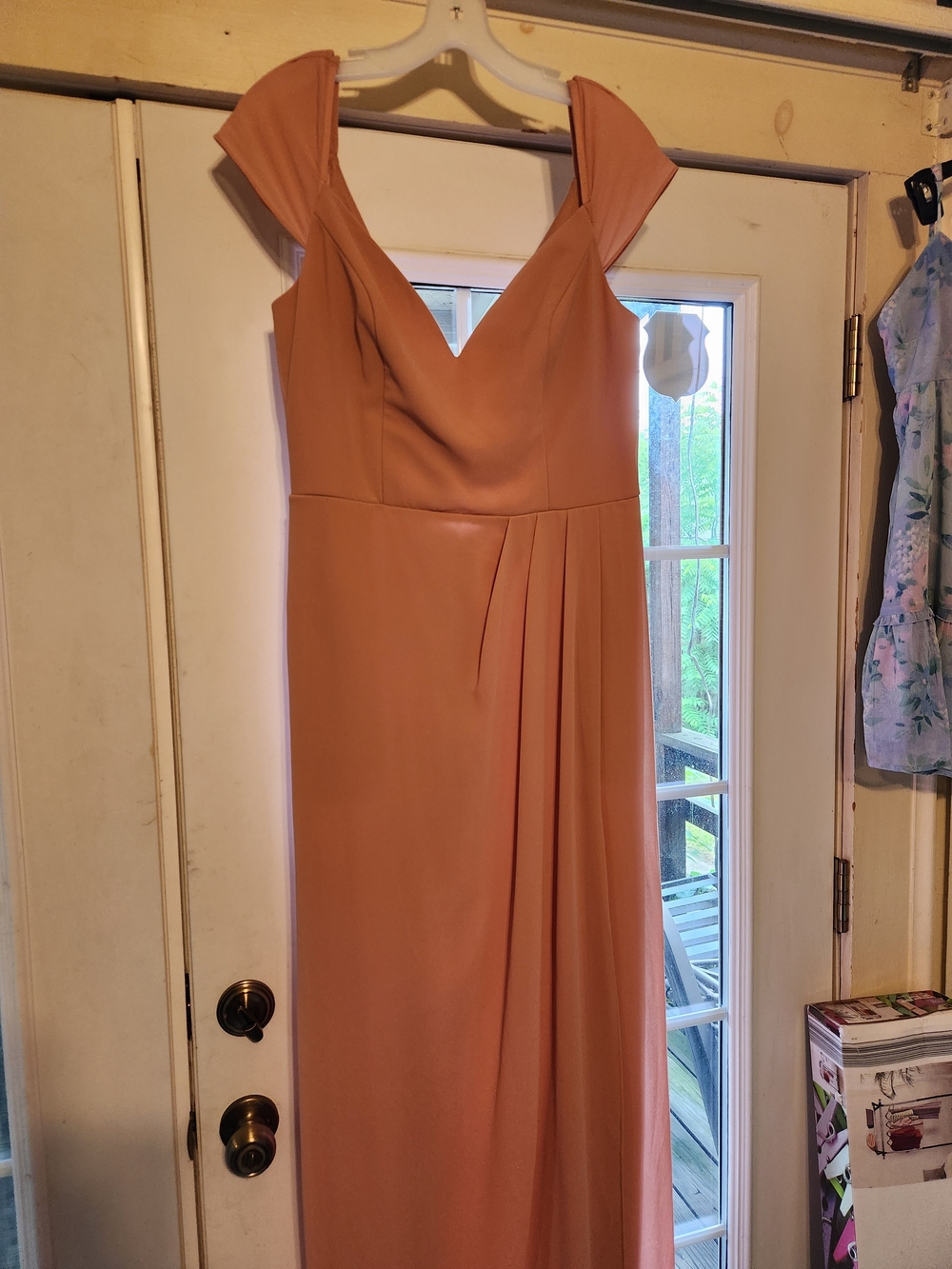 David's Bridal Desert Coral V-Neck Cap Sleeve Maxi Dress